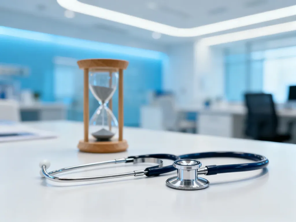 Stetoskop i klepsydra na biurku w gabinecie lekarskim, symbolizujące proces diagnostyki i leczenia chorób przewlekłych.