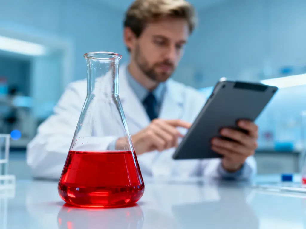 Szklana zlewka z czerwoną cieczą na laboratoryjnym stole, w tle naukowiec analizujący dane na tablecie.