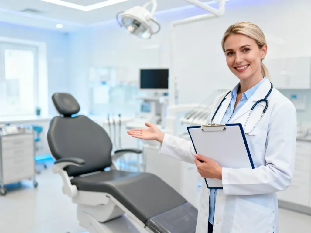Lekarka w gabinecie dermatologicznym zaprasza pacjenta na fotel zabiegowy. Profesjonalne wnętrze kliniki medycznej.