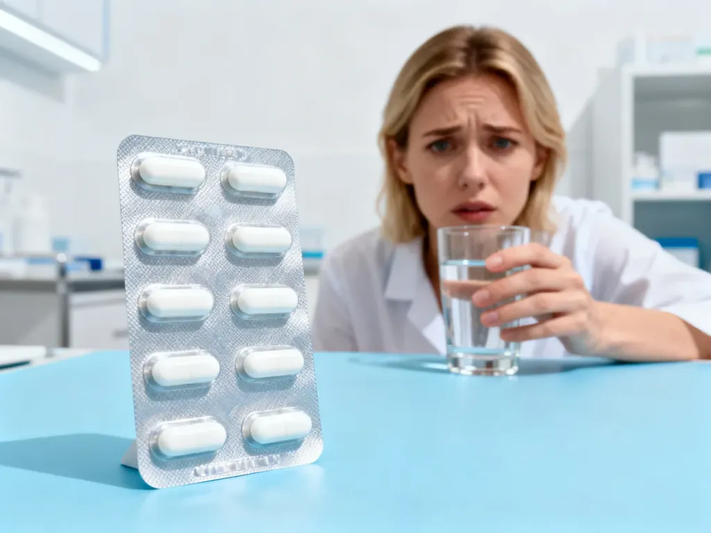 Blister z tabletkami antybiotyku Augmentin na medycznym stole oraz zaniepokojona pacjentka z szklanką wody w tle.