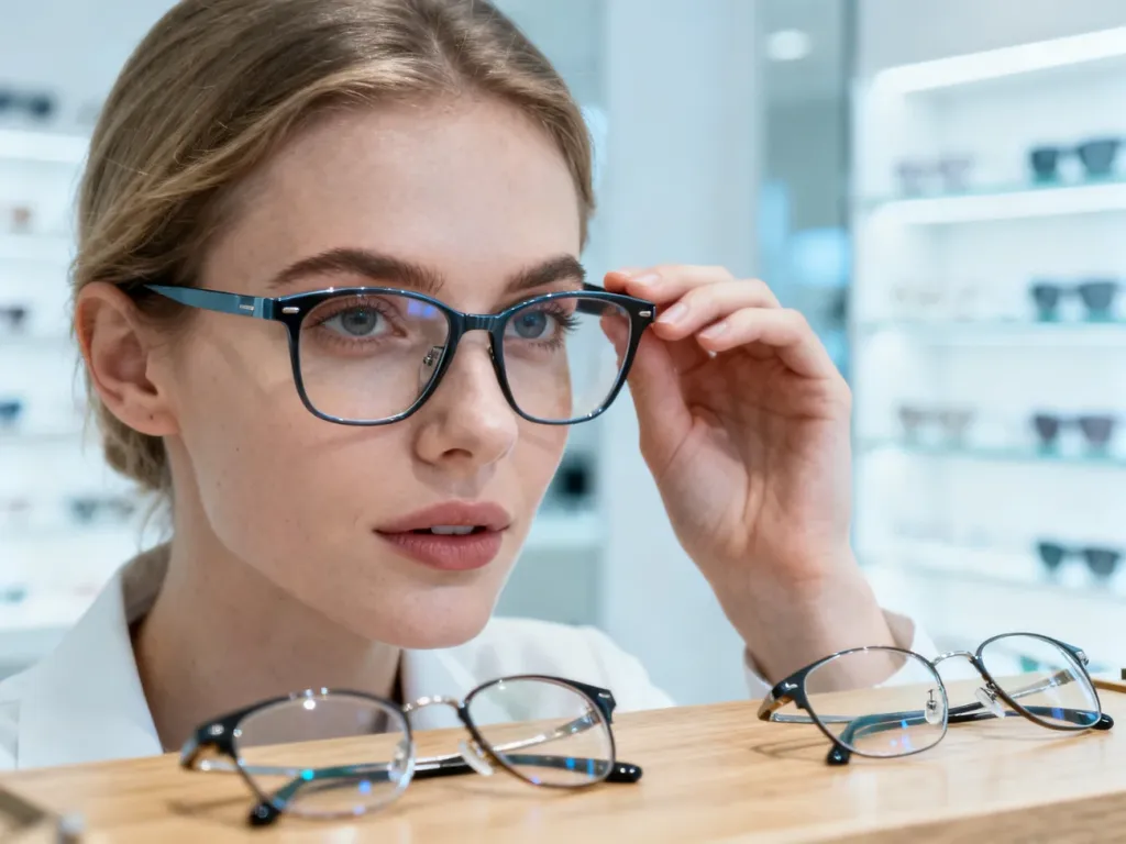 Kobieta przymierza nowoczesne okulary w profesjonalnym salonie optycznym, w którym na stole wyeksponowano soczewki okularowe.