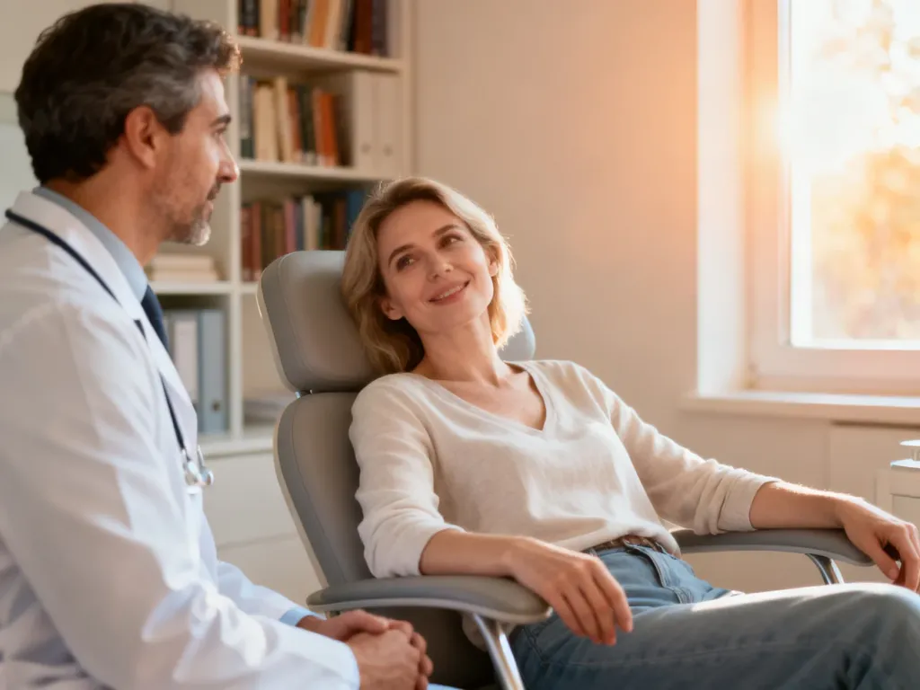 Przyjazny gabinet lekarski, w którym pacjentka spokojnie rozmawia z psychiatrą podczas profesjonalnej wizyty.