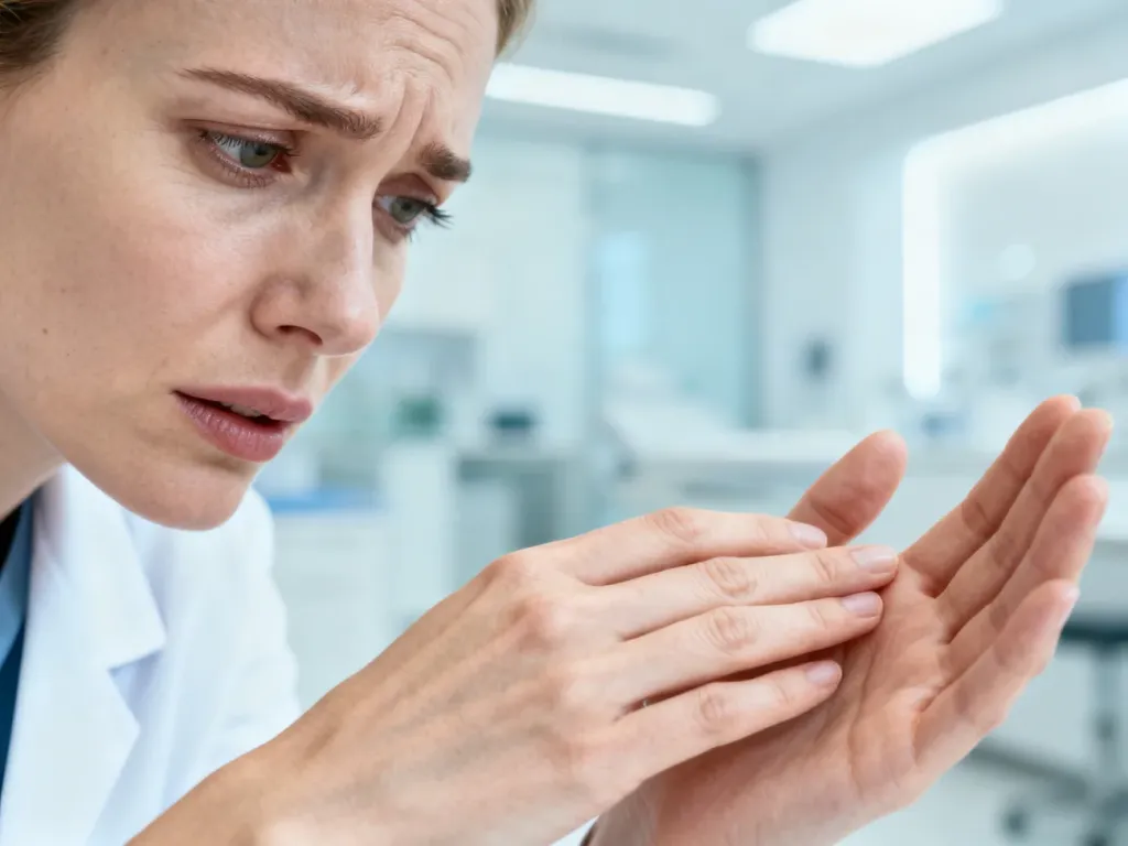 Zatroskana kobieta oglądająca swoje dłonie w gabinecie lekarskim, co nawiązuje do diagnostyki łuszczycowego zapalenia stawów.