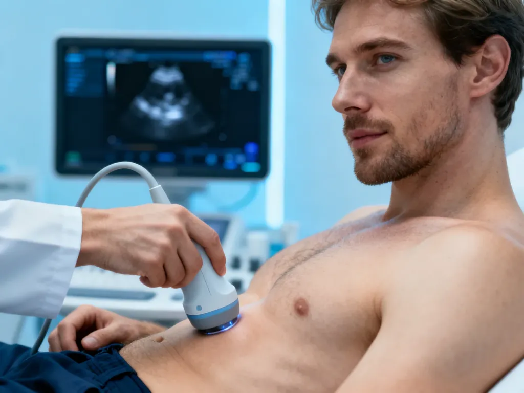 Lekarz wykonuje badanie ultrasonograficzne stawu biodrowego pacjenta w nowoczesnym gabinecie diagnostycznym.